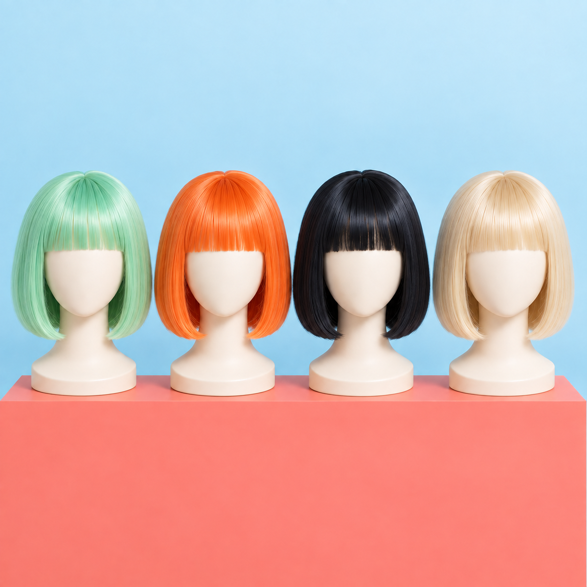 Pastel bob wigs with bangs — mint, orange, black and blonde detail