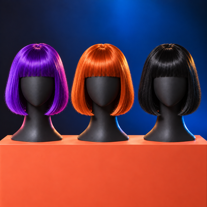 Bright bob wigs with bangs — purple, orange and black detail