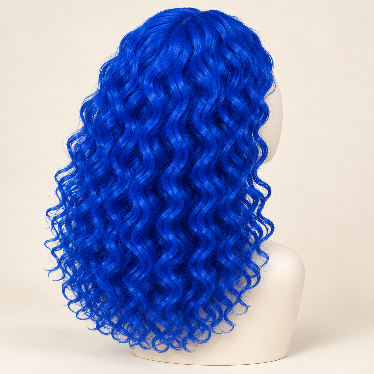 Electric-blue curly costume wig on mannequin — rear view