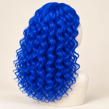 Electric-blue curly costume wig on mannequin — rear view