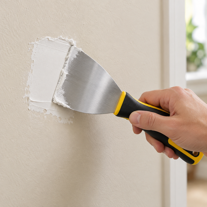 Stainless steel putty knife — wall repair demonstration