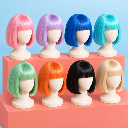 Pastel bob wigs with bangs in eight displayed colors — elevated view