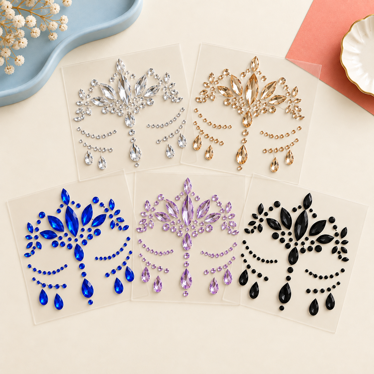 Five self-adhesive gem sticker sheets — fan arrangement