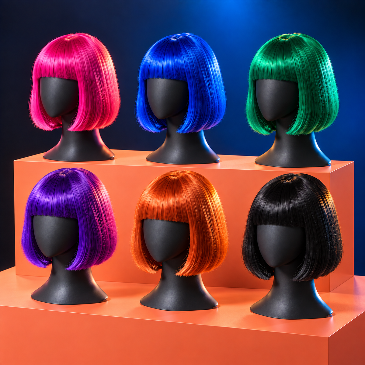 Bright-color bob wigs with bangs in six displayed colors — elevated view