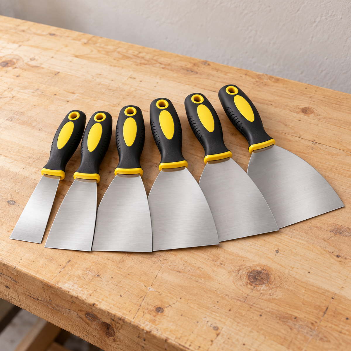 Six-piece stainless steel putty knife set — workbench view